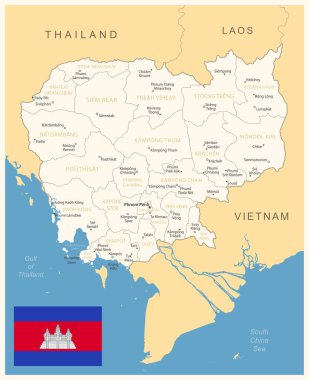 Kamboçya - idari bölümler ve ülke bayrağıyla detaylı harita. Vektör illüstrasyonu