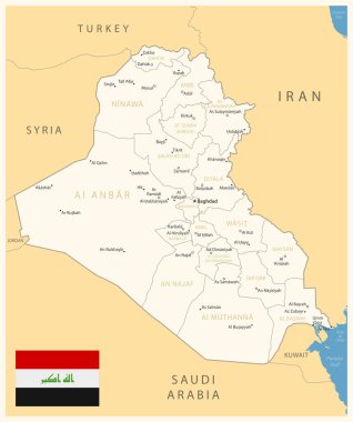 Irak - idari bölümler ve ülke bayrağıyla detaylı harita. Vektör illüstrasyonu