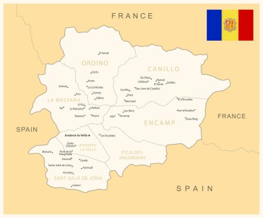 Andorra - idari bölümler ve ülke bayrağıyla detaylı harita. Vektör illüstrasyonu