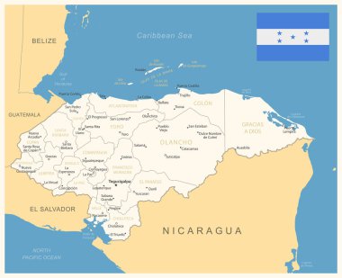 Honduras - idari bölümler ve ülke bayrağıyla detaylı harita. Vektör illüstrasyonu