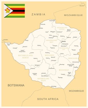 Zimbabwe - idari bölümler ve ülke bayrağıyla detaylı harita. Vektör illüstrasyonu