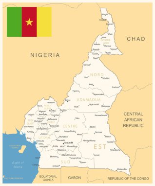 Kamerun, idari bölümleri ve ülke bayraklarıyla detaylı bir harita. Vektör illüstrasyonu