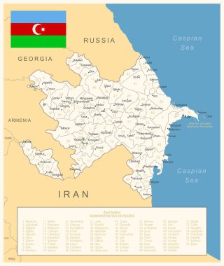 Azerbaycan - idari bölümler ve ülke bayrağıyla detaylı harita. Vektör illüstrasyonu