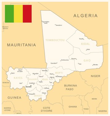 Mali - idari bölümlerin ve ülke bayrağının detaylı haritası. Vektör illüstrasyonu