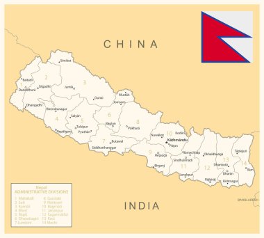 Nepal - idari bölümlerin ve ülke bayrağının detaylı haritası. Vektör illüstrasyonu