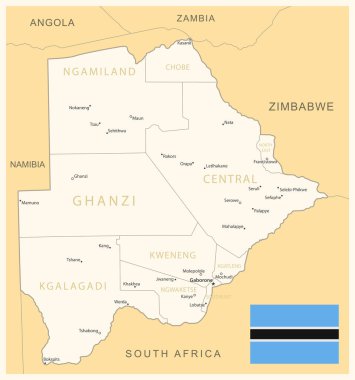 Botswana - idari bölümler ve ülke bayrağıyla detaylı harita. Vektör illüstrasyonu