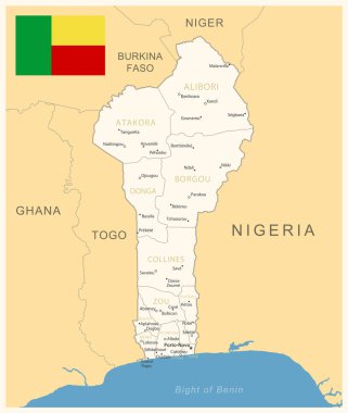 Benin - idari bölümler ve ülke bayrağıyla detaylı harita. Vektör illüstrasyonu