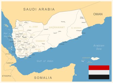 Yemen - idari bölümler ve ülke bayrağıyla detaylı harita. Vektör illüstrasyonu