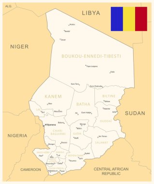Chad - idari bölümler ve ülke bayrağıyla detaylı harita. Vektör illüstrasyonu