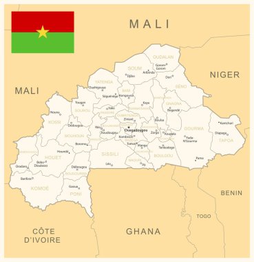 Burkina Faso - idari bölümler ve ülke bayrağıyla detaylı harita. Vektör illüstrasyonu