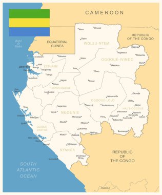 Gabon - idari bölümler ve ülke bayrağıyla detaylı harita. Vektör illüstrasyonu