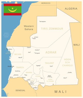 Moritanya - idari bölümler ve ülke bayrağıyla detaylı harita. Vektör illüstrasyonu