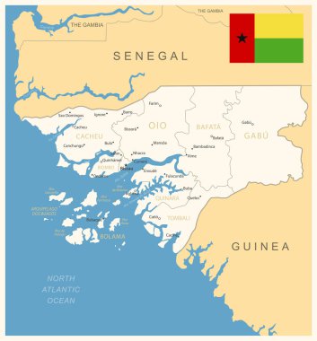 Gine-Bissau - idari bölümler ve ülke bayrağıyla detaylı harita. Vektör illüstrasyonu