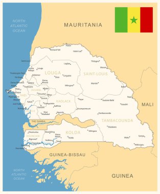 Senegal - idari bölümler ve ülke bayrağıyla detaylı harita. Vektör illüstrasyonu