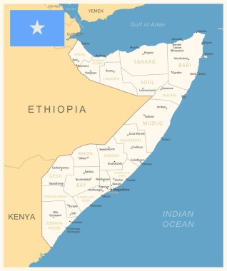 Somali - idari bölümlerin ve ülke bayrağının detaylı haritası. Vektör illüstrasyonu