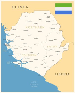 Sierra Leone - idari bölümler ve ülke bayrağıyla detaylı harita. Vektör illüstrasyonu