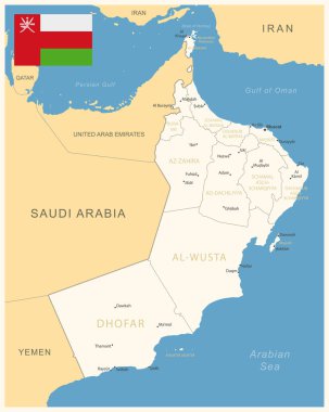 Umman - idari bölümler ve ülke bayrağıyla detaylı harita. Vektör illüstrasyonu