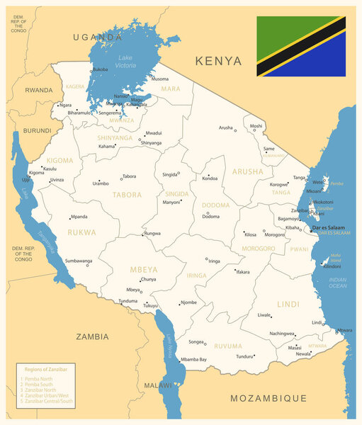 Танзания - подробная карта с административными единицами и флагом страны. Векторная иллюстрация
