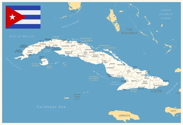 Cuba Mapa Detallado Con Divisiones Administrativas Bandera Del País Ilustración — Vector de stock