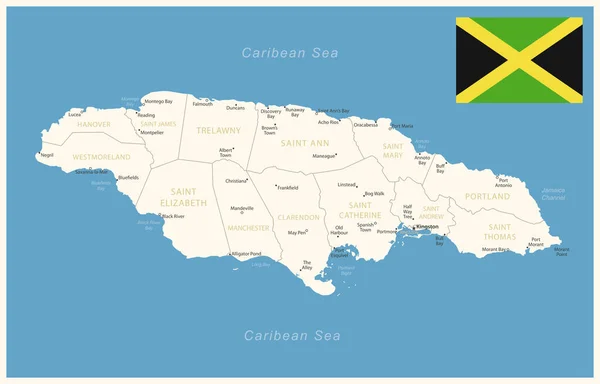 ジャマイカ 行政区分と国旗の詳細な地図 ベクトルイラスト — ストックベクタ
