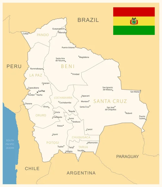 Боливия Подробная Карта Административными Единицами Флагом Страны Векторная Иллюстрация — стоковый вектор