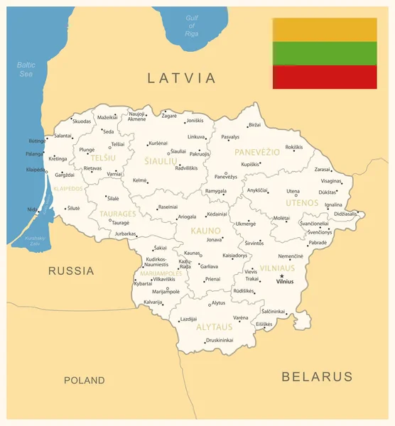 Lituania Mappa Dettagliata Con Divisioni Amministrative Bandiera Nazionale Illustrazione Vettoriale — Vettoriale Stock