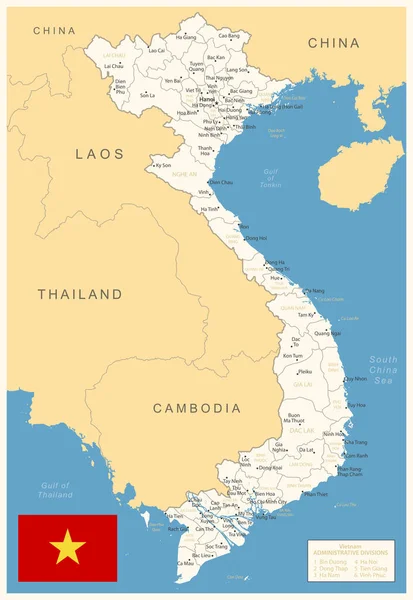 Wietnam Szczegółowa Mapa Podziałami Administracyjnymi Flagą Kraju Ilustracja Wektora — Wektor stockowy