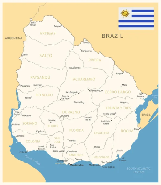 Uruguay Detailkarte Mit Verwaltungseinheiten Und Landesflagge Vektorillustration — Stockvektor