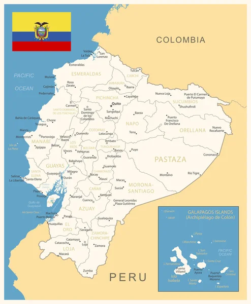 Equador Mapa Detalhado Com Divisões Administrativas Bandeira País Ilustração Vetorial — Vetor de Stock