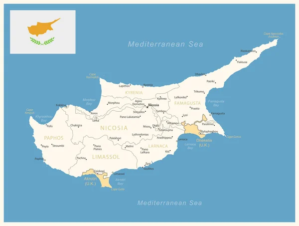 Zypern Detailkarte Mit Verwaltungseinheiten Und Landesflagge Vektorillustration — Stockvektor