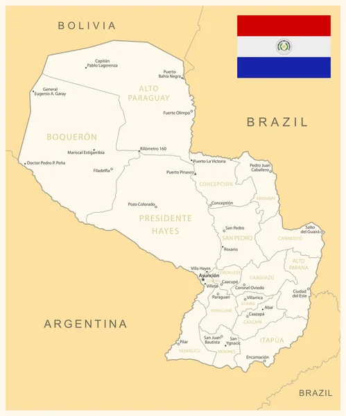 Paraguay Detaljerad Karta Med Administrativa Indelningar Och Land Flagga Vektorillustration — Stock vektor