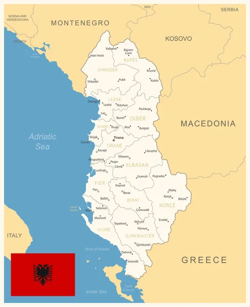 Albania Mappa Dettagliata Con Divisioni Amministrative Bandiera Nazionale Illustrazione Vettoriale — Vettoriale Stock