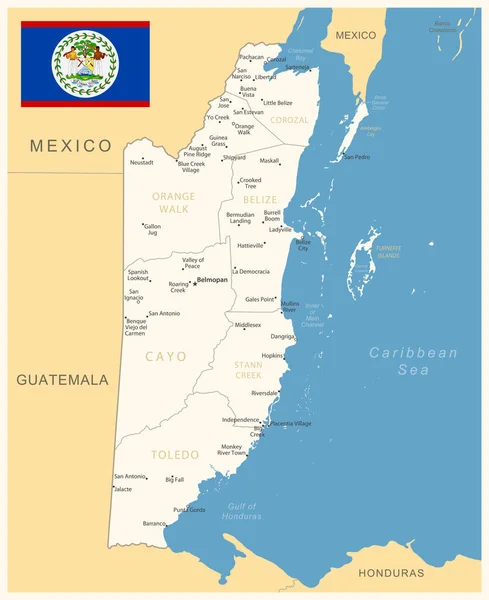 伯利兹 附有行政区划和国旗的详细地图 矢量说明 — 图库矢量图片