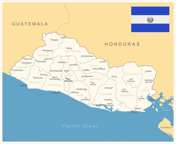 Salvador Mapa Detallado Con Divisiones Administrativas Bandera Del País Ilustración — Vector de stock