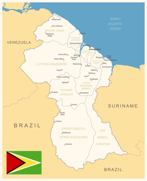 Guyana Mapa Detallado Con Divisiones Administrativas Bandera Del País Ilustración — Vector de stock