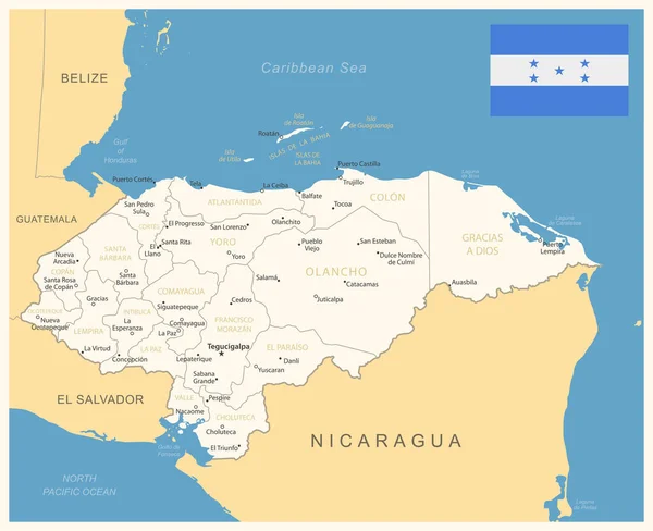 Honduras Mapa Detallado Con Divisiones Administrativas Bandera Del País Ilustración — Vector de stock