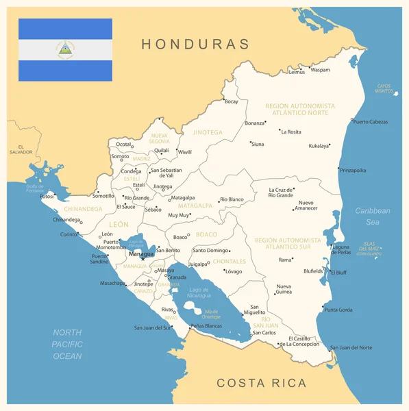 Nicaragua Mapa Detallado Con Divisiones Administrativas Bandera Del País Ilustración — Vector de stock