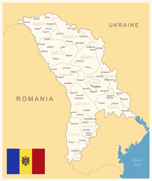 摩尔多瓦 附有行政区划和国旗的详细地图 矢量说明 — 图库矢量图片