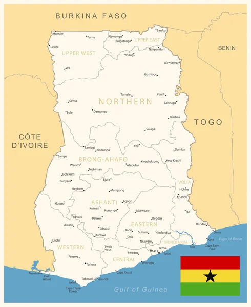 Ghana Mapa Detallado Con Divisiones Administrativas Bandera Del País Ilustración — Vector de stock