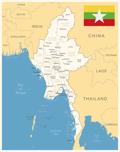 Myanmar Mapa Detallado Con Divisiones Administrativas Bandera Del País Ilustración — Vector de stock