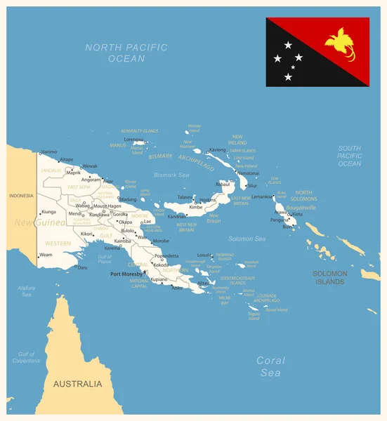 Papua Yeni Gine Idari Bölümleri Ülke Bayrağıyla Detaylı Harita Vektör — Stok Vektör
