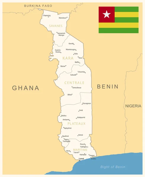 Togo Mapa Detallado Con Divisiones Administrativas Bandera Del País Ilustración — Vector de stock