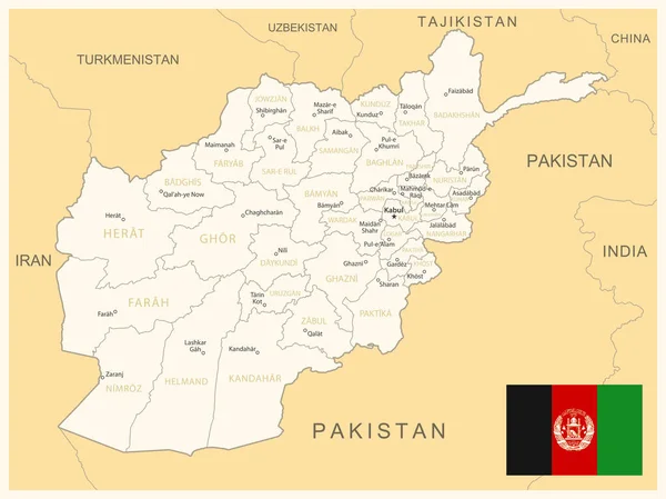 Αφγανιστάν Λεπτομερής Χάρτης Διοικητικές Διαιρέσεις Και Σημαία Χώρας Εικονογράφηση Διανύσματος — Διανυσματικό Αρχείο