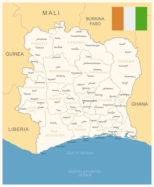 Côte Ivoire Carte Détaillée Avec Divisions Administratives Drapeau Pays Illustration — Image vectorielle