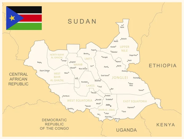 Sudão Sul Mapa Detalhado Com Divisões Administrativas Bandeira País Ilustração —  Vetores de Stock