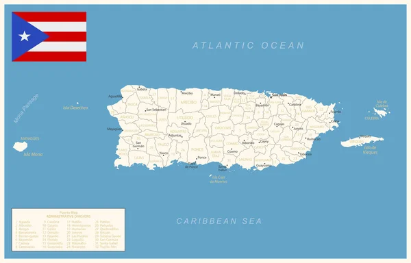 Puerto Rico Mapa Detallado Con Divisiones Administrativas Bandera Del País — Vector de stock