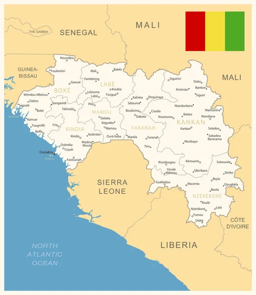 Guinée Carte Détaillée Avec Divisions Administratives Drapeau Pays Illustration Vectorielle — Image vectorielle