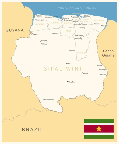 Surinam Mapa Detallado Con Divisiones Administrativas Bandera Del País Ilustración — Archivo Imágenes Vectoriales