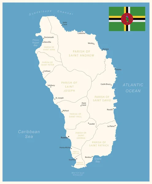 Dominica Λεπτομερής Χάρτης Διοικητικές Διαιρέσεις Και Σημαία Χώρας Εικονογράφηση Διανύσματος — Διανυσματικό Αρχείο