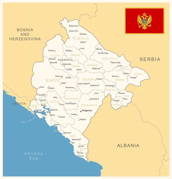 Черногория Детальная Карта Административными Единицами Флагом Страны Векторная Иллюстрация — стоковый вектор